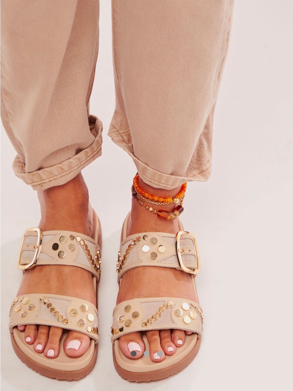 Free People Revelry Beige Studded Double-Band Sandals